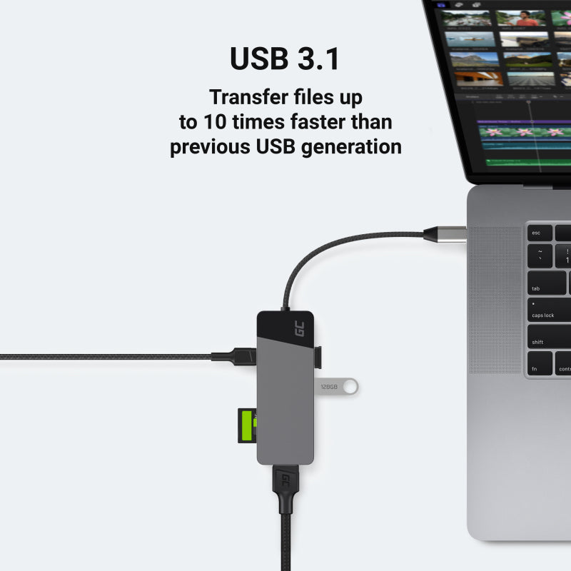 GREEN CELL HUB USB-C ADAPTER GC CONNECT 7W1 (3XUSB 3.1, HDMI 4K 60HZ, USB-C PD 85W, MICROSD/SD)