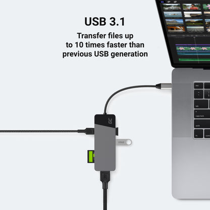 GREEN CELL HUB USB-C ADAPTER GC CONNECT 7W1 (3XUSB 3.1, HDMI 4K 60HZ, USB-C PD 85W, MICROSD/SD)