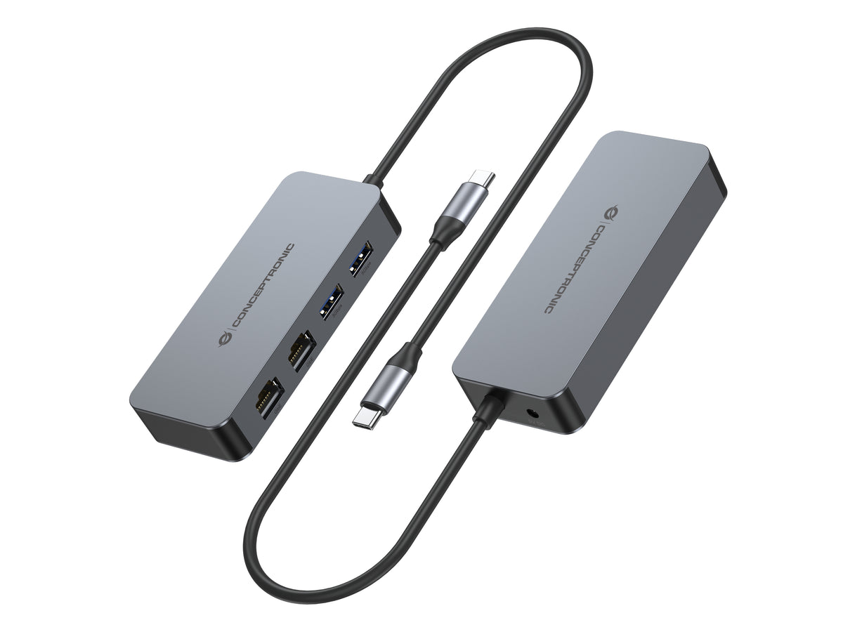 CONCEPTRONIC USB-C to 2x Gigabit Ethernet + 2x USB-A 3.2 Adapter, 5 Gbps, 0.30 m, Gray