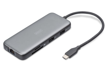 DIGITUS USB-C Docking Hub — HDMI, USB 3.2, RJ45, SD & MicroSD, PD, Aluminum (Silver)