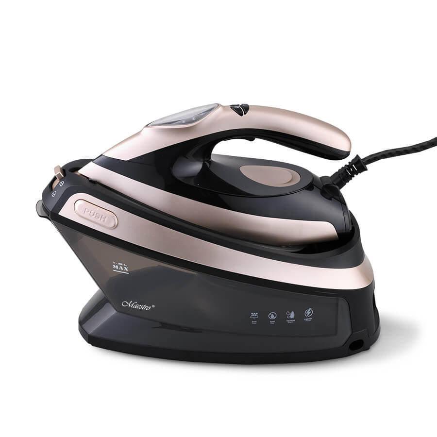 Σταθμός ατμοσίδερου Maestro MR-320C ισχύος 2400 W, με κεραμική πλάκα σόλας χωρητικότητας 1,5 λίτρου, σε μαύρο και ροζ χρυσό χρώμα