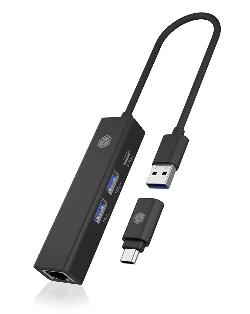 IcyBox USB 3.2 Gen1 4-in-1 Hub & Gigabit LAN Adapter (Retail)