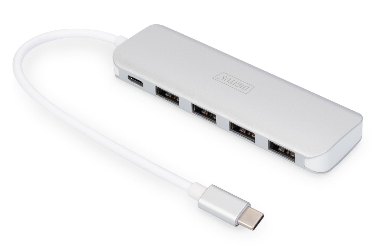 DIGITUS USB-C-Hub  4-Port 3.0->4xA3.0 1xC-PD intgr.Kabel wei