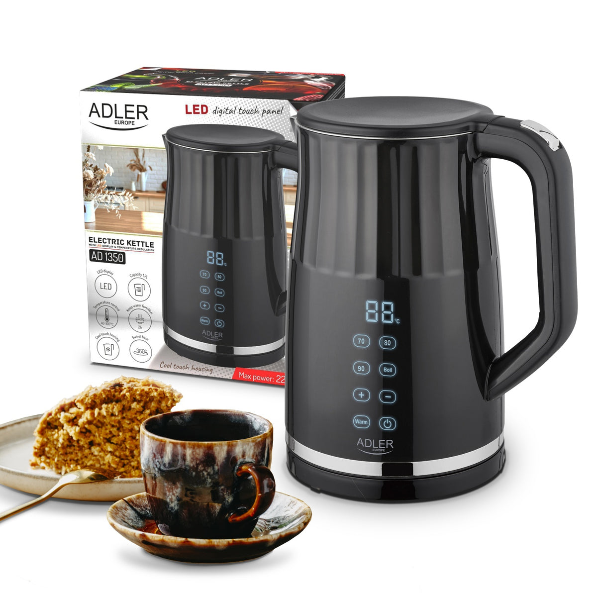 Adler AD 1350 1.7L temperature-controlled LED electric kettle Black