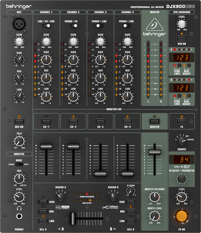 Behringer DJX900USB - Professional 5-Channel DJ Mixer with INFINIUM Contact‑Free VCA Crossfader, Advanced Digital Effects and USB/Audio Interface