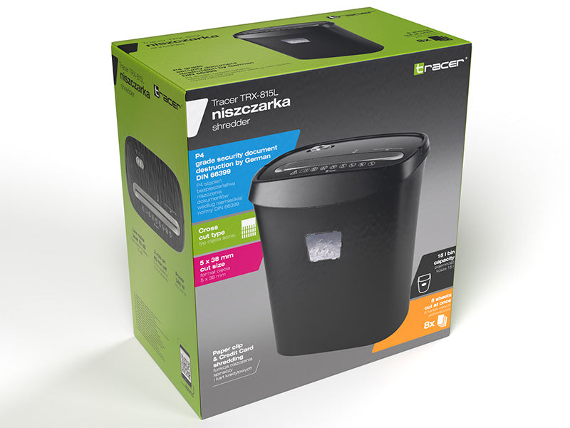 Tracer TRX-815L paper shredder — Cross-cut, 72 dB, 22 cm, Black