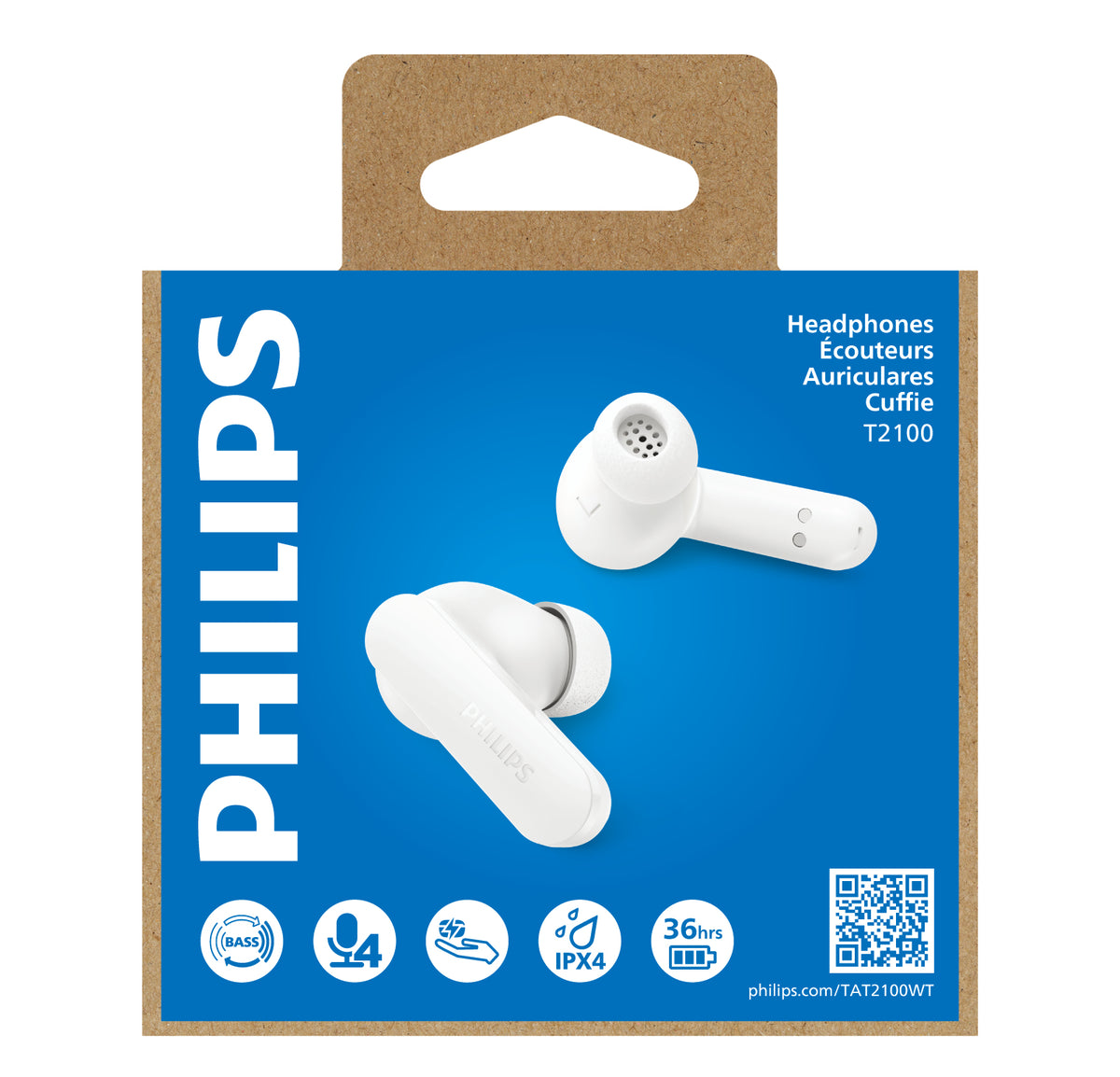 Philips TAT2100WT/00 True Wireless Earbuds, White