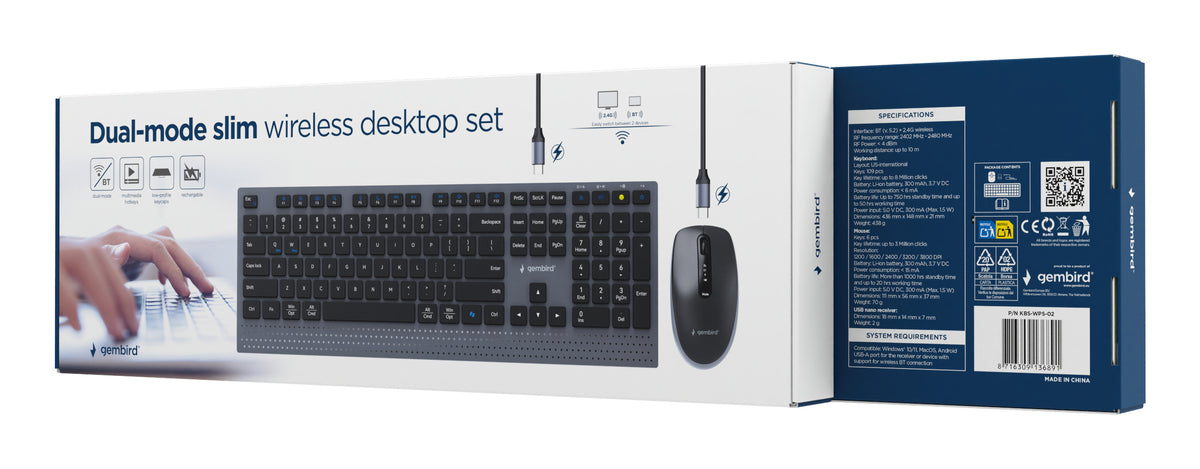 Gembird KBS-WPS-02 Dual-mode Slim Wireless Desktop Set, 2.4G+BT, US layout