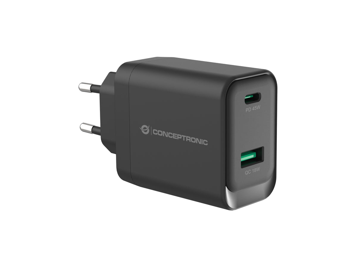 CONCEPTRONIC 2-Port GaN Charger USB-C/USB-A 45W PD 3.0/PPS (Black)