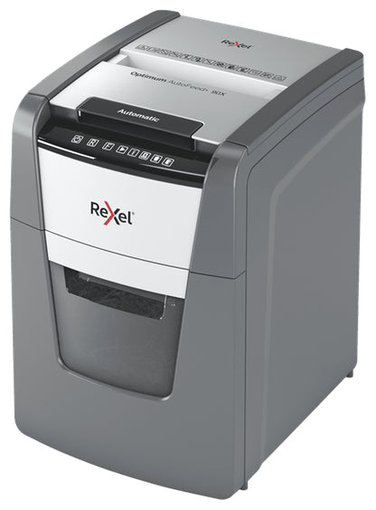 Κομποστοποιητής Εγγράφων Rexel AutoFeed+ 90X με Αυτόματη Τροφοδοσία, Καταστροφή σε Σταυροειδείς Λωρίδες, Επίπεδα Θορύβου 55 dB, Μαύρο και Γκρι