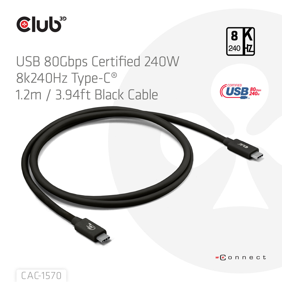 Club3D USB-C Cable 80Gbps Certified PD 240W / 8K 240Hz 1.2m St/St (Retail)