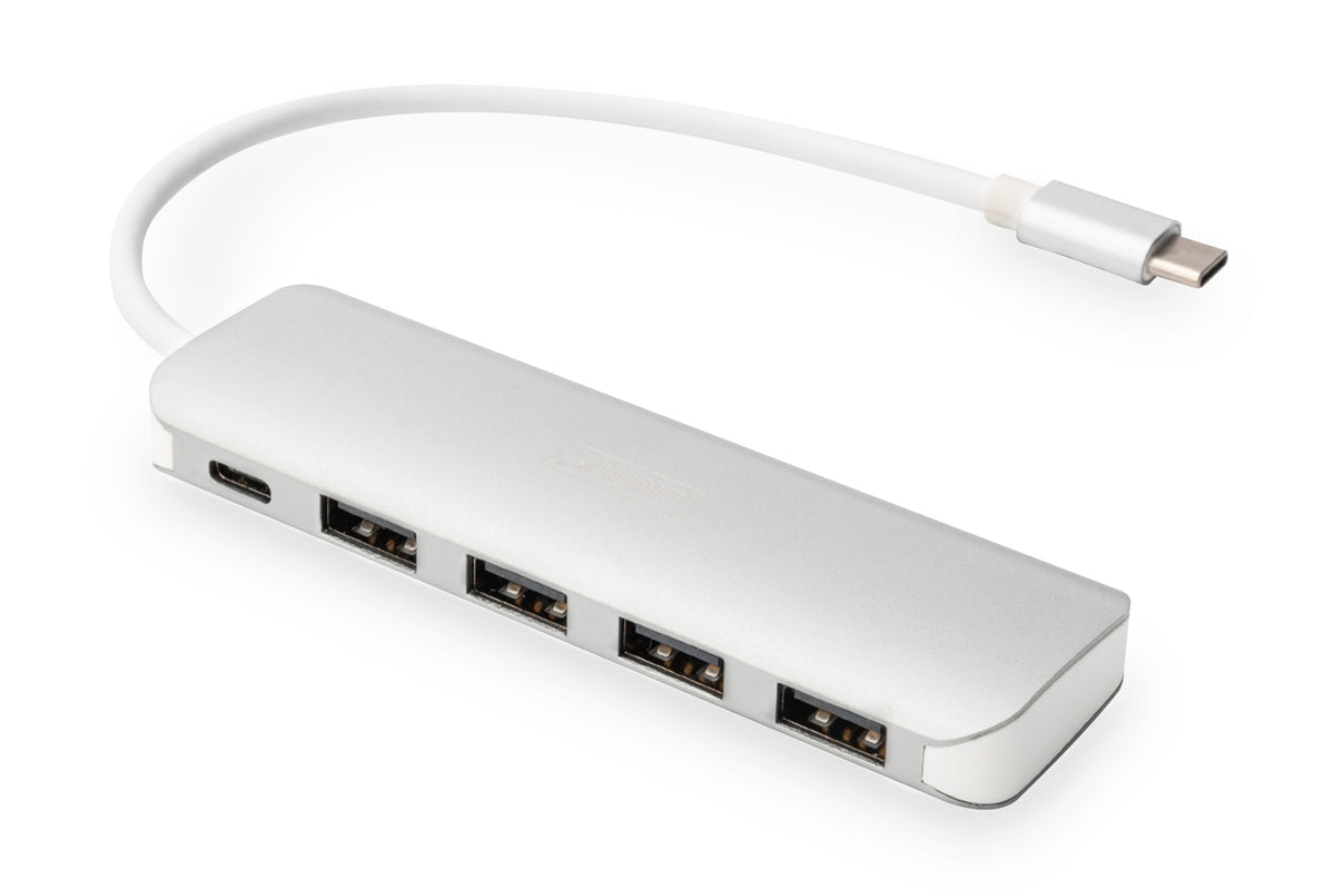DIGITUS USB-C-Hub  4-Port 3.0->4xA3.0 1xC-PD intgr.Kabel wei