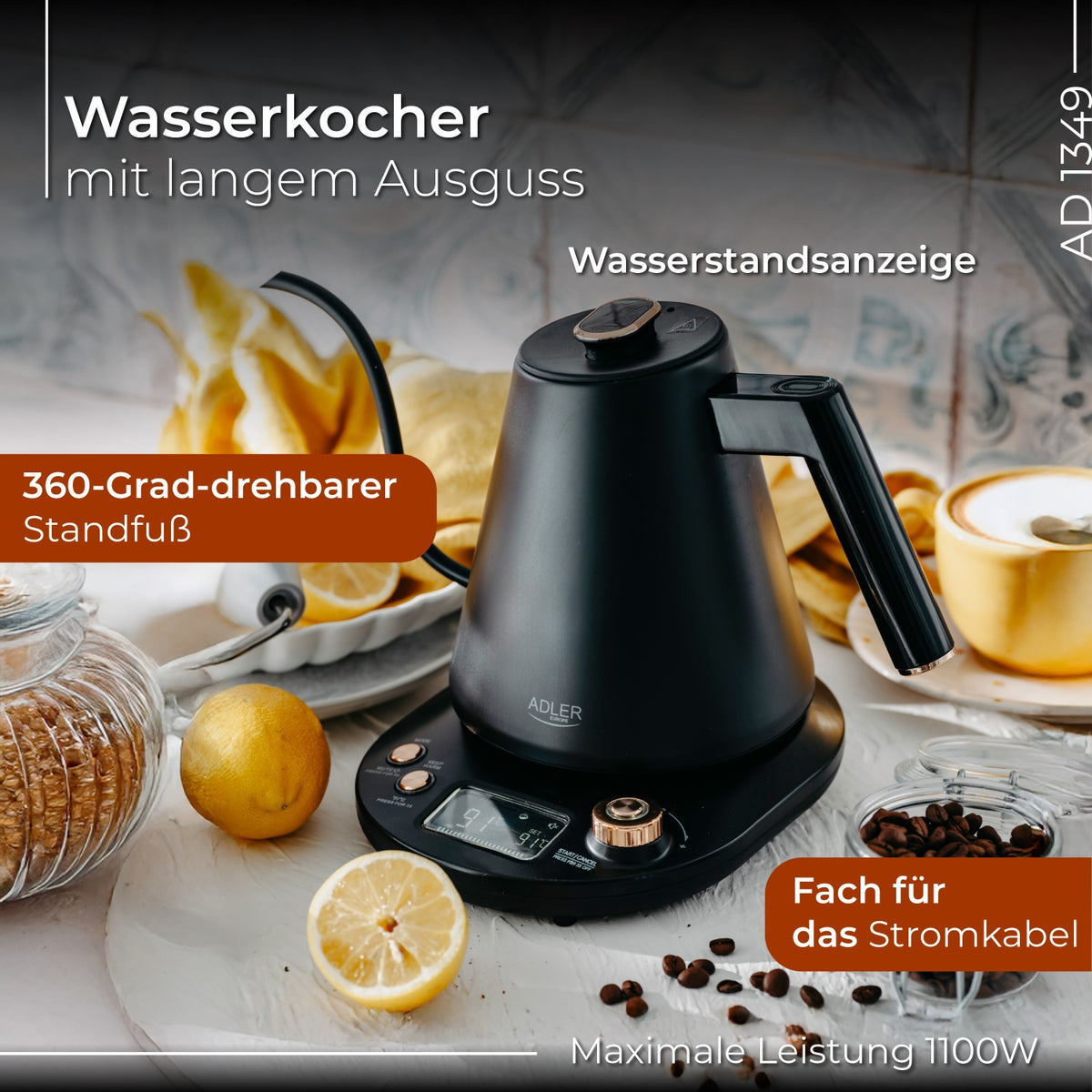 Adler AD 1349 Electric kettle with long spout 1.0L Black