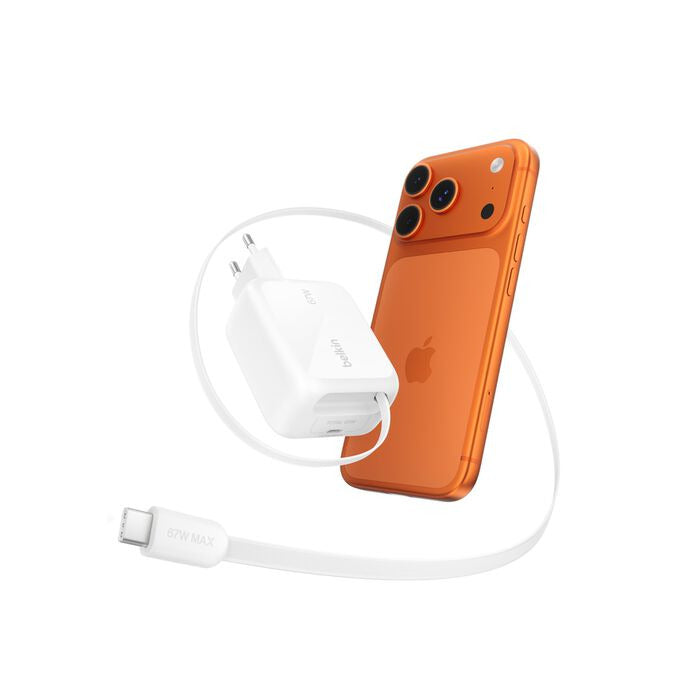 Belkin BOOST Charge Pro 67W Dual GaN Charger with Retractable Cable, White WCH022kqWH