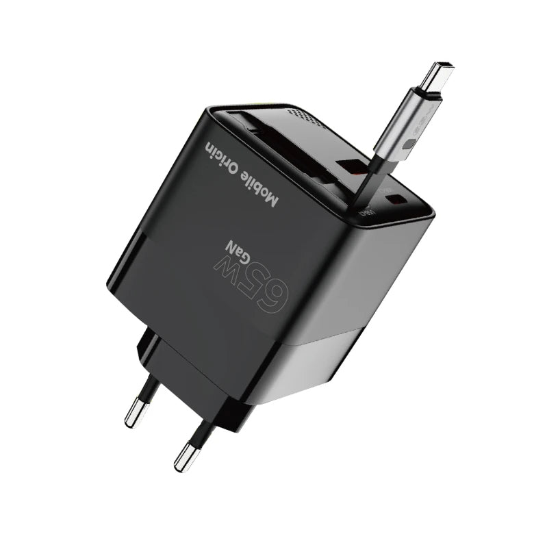 Mobile Origin 65W GaN Charger with USB-C retractable cable + USB-A 75cm