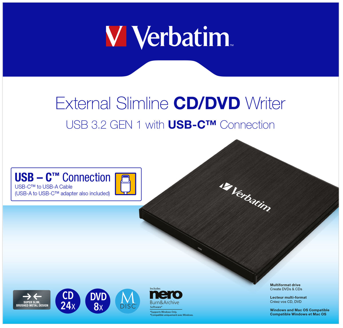 Verbatim Externer Slimline CD-DVD-Brenner, externer DVD-Brenner (USB-C 3.2 Gen 1 (5 Gbit/s))
