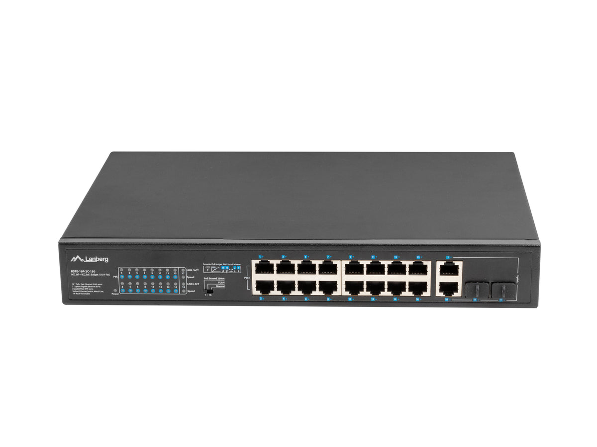 Lanberg 19" Rack Switch PoE+ 16x 100Mb / 2x Combo Gigabit Ethernet 150W