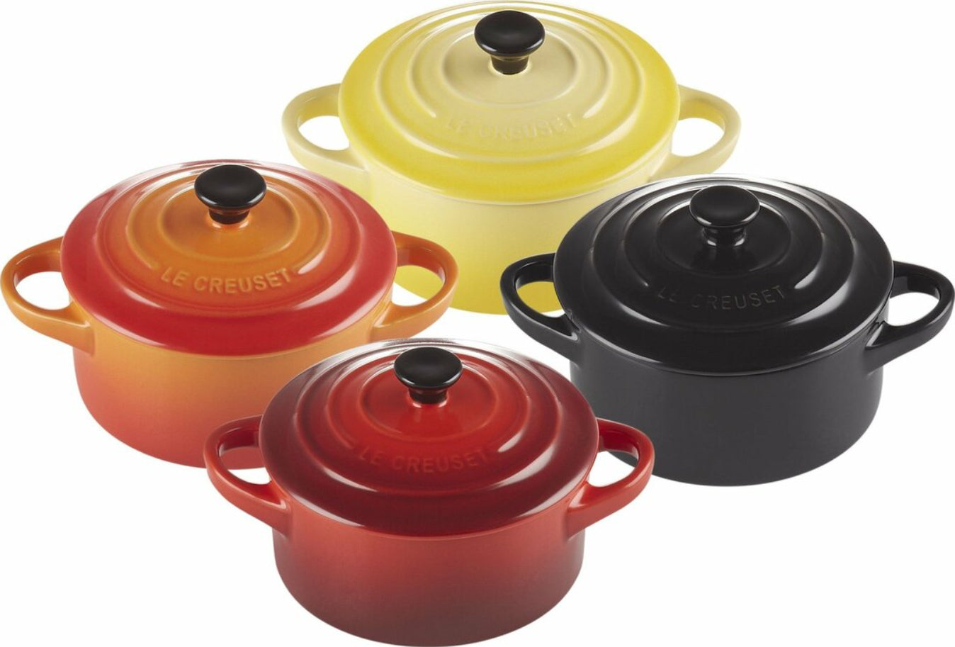 Σετ από 4 μικρά πήλινα πυρίμαχα σκεύη Le Creuset, διαστάσεων 10x5 εκ., κόκκινα