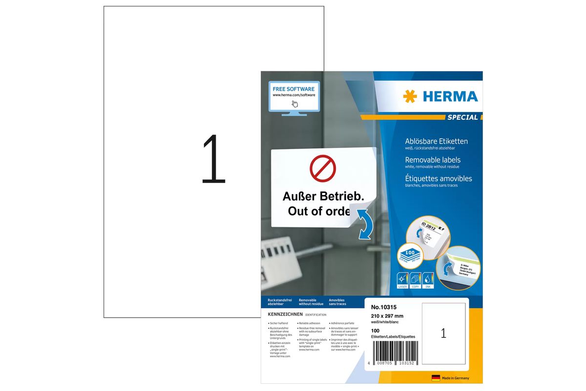 HERMA Etiketten A4 weiß 210x297 mm ablösb. Papier 100 St.