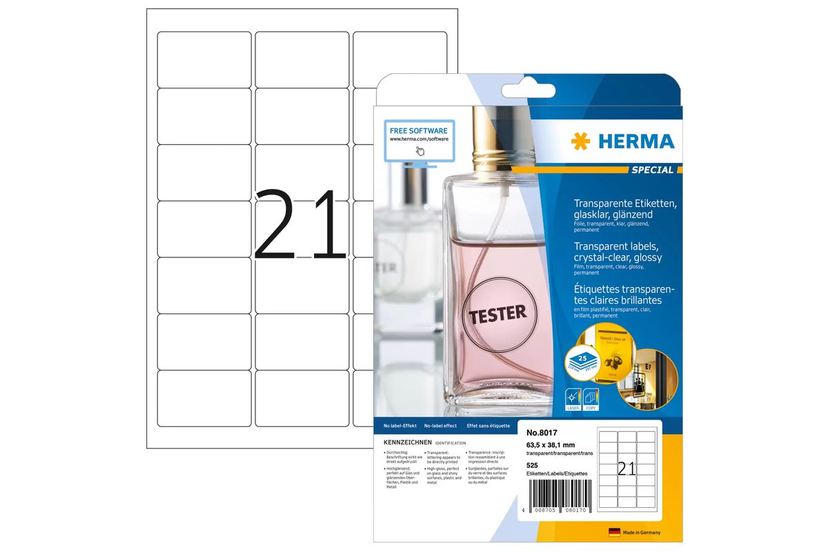 HERMA Etik. glasklar A4 63,5x38,1 mm Folie glänzend 525 St.