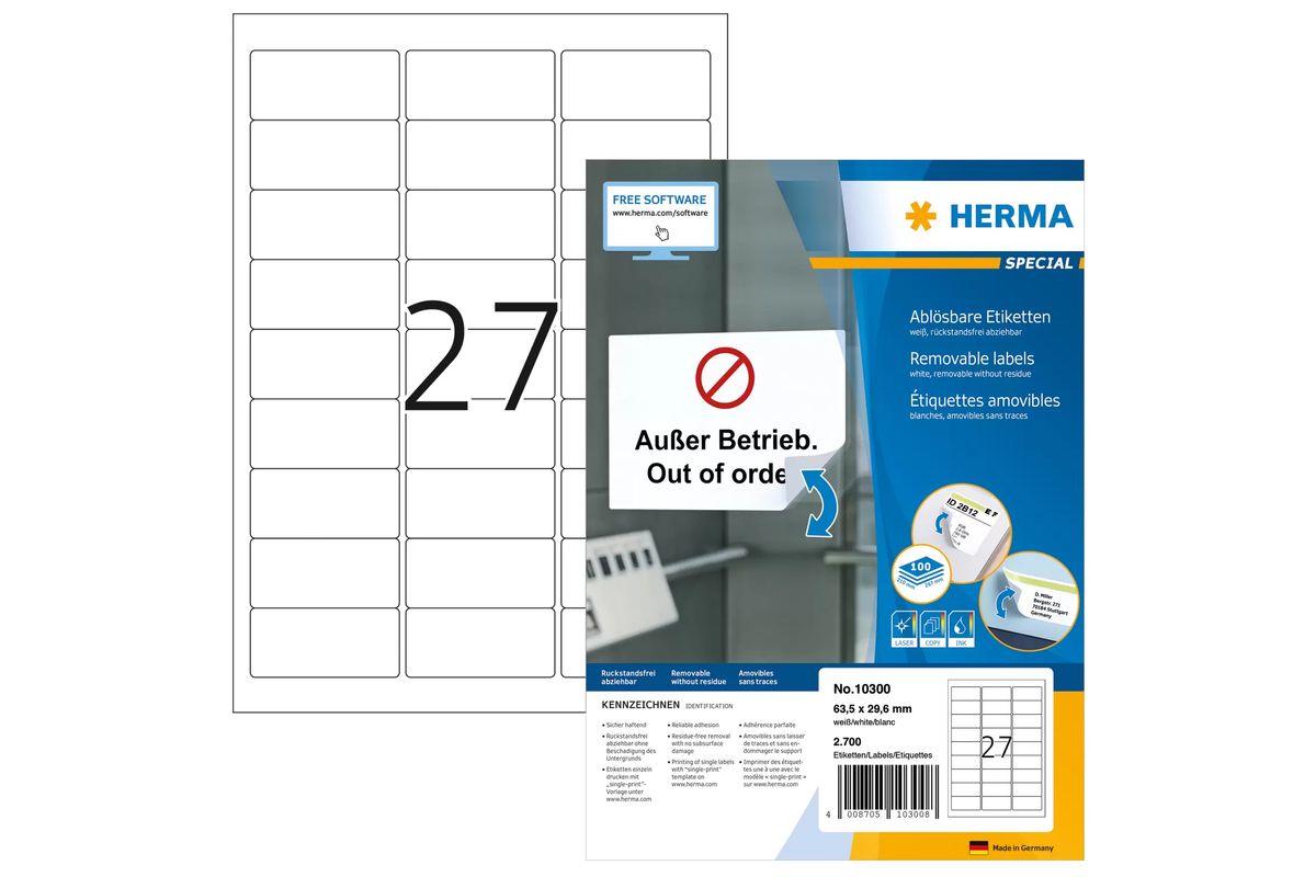 HERMA Etiketten A4 weiß 63,5x29,6 mm ablösb. Papier 2700 St.