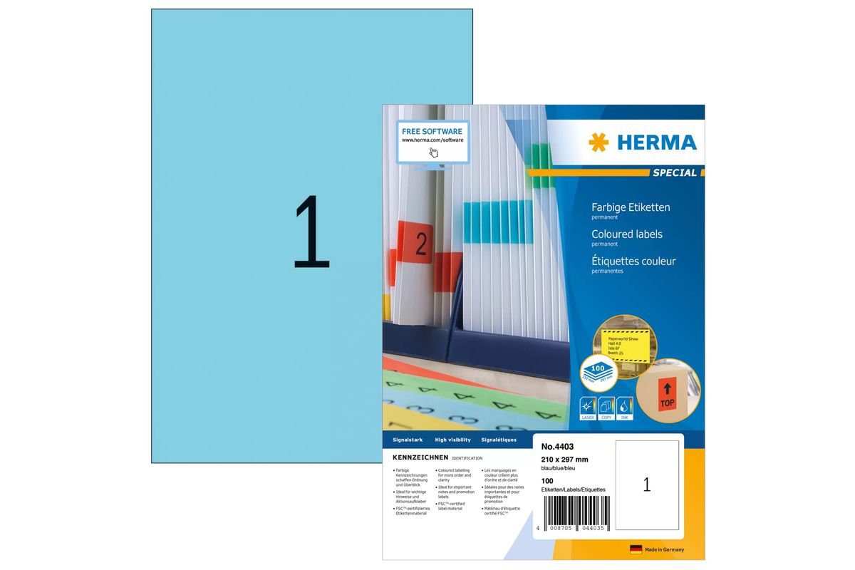 HERMA Etiketten A4 blau 210x297 mm Papier matt 100 St.