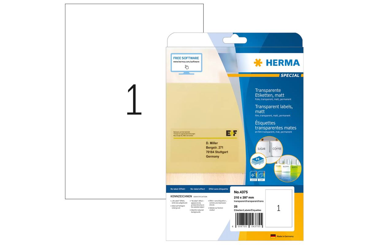 HERMA Etiketten transparent matt A4 210x297 mm Folie 25 St.
