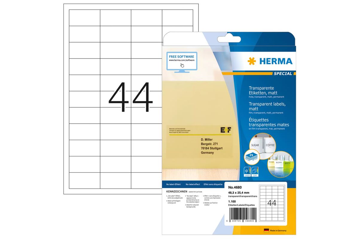 HERMA Etiketten transp. matt A4 48,3x25,4 mm Folie 1100 St.