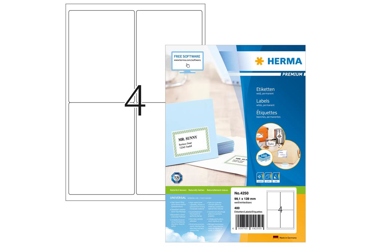 HERMA Adressetiketten A4 weiß 99,1x139 mm Papier 400 St.