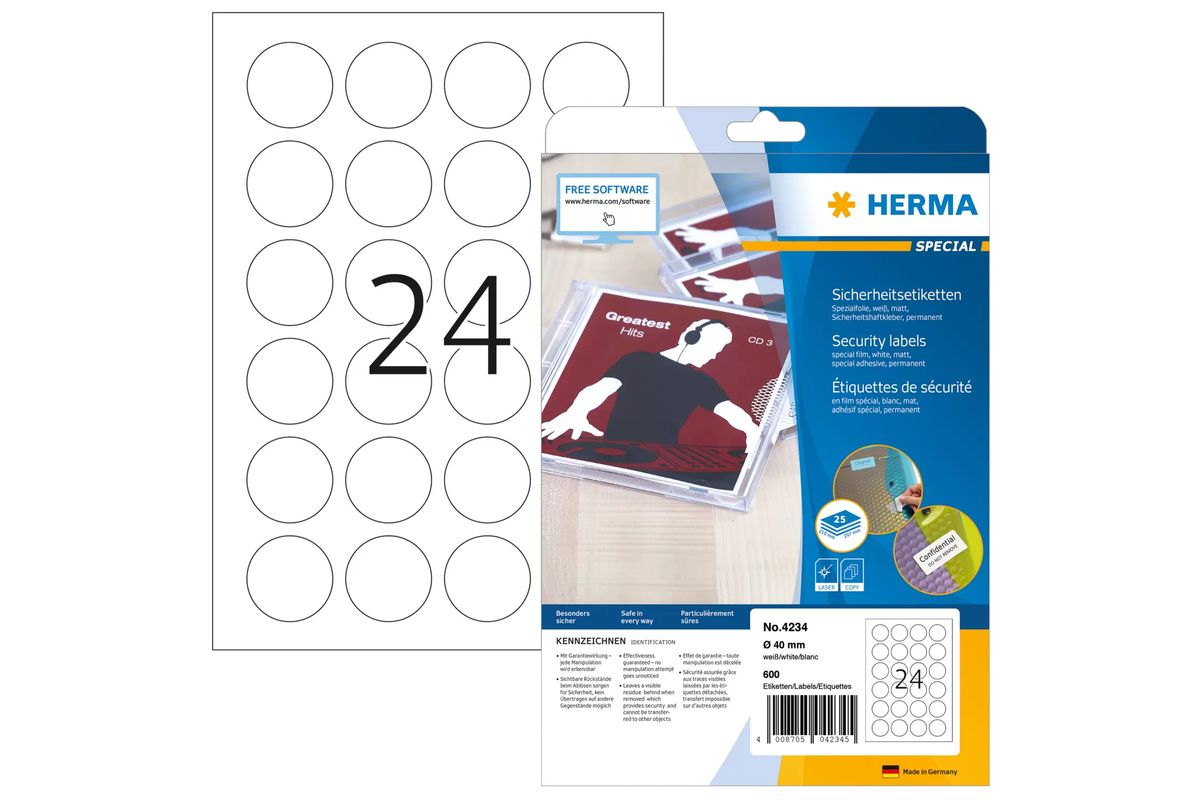 HERMA Sicherheitsetiketten weiß 40 mm rund Folie 600 St.