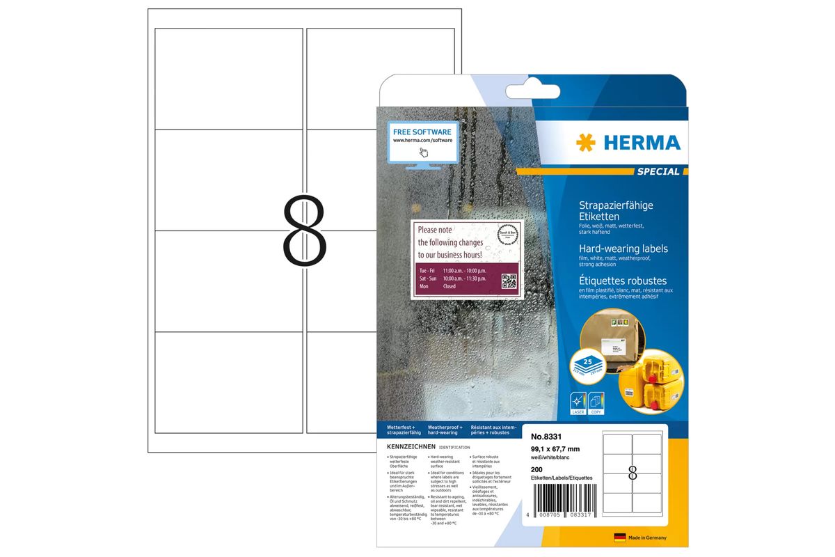 HERMA Adressetiketten A4 weiß 99,1x67,7 mm Folie 200 St.