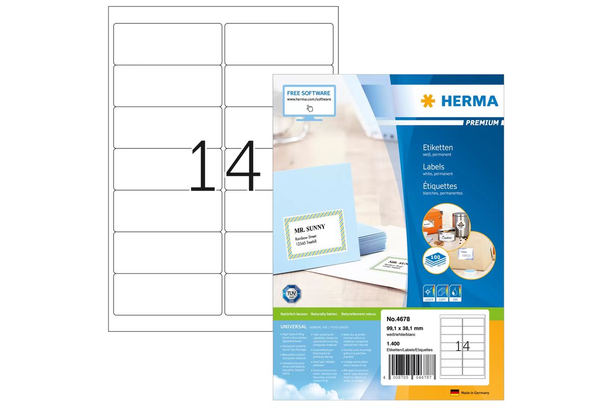 HERMA Adressetiketten A4 weiß 99,1x38,1 mm Papier 1400 St.