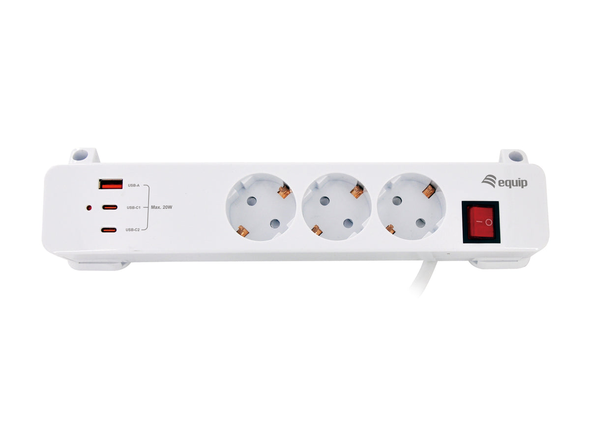 Equip Power Strip 3×Schuko / 2×USB-C / USB-A with Switch (CL Pla.)