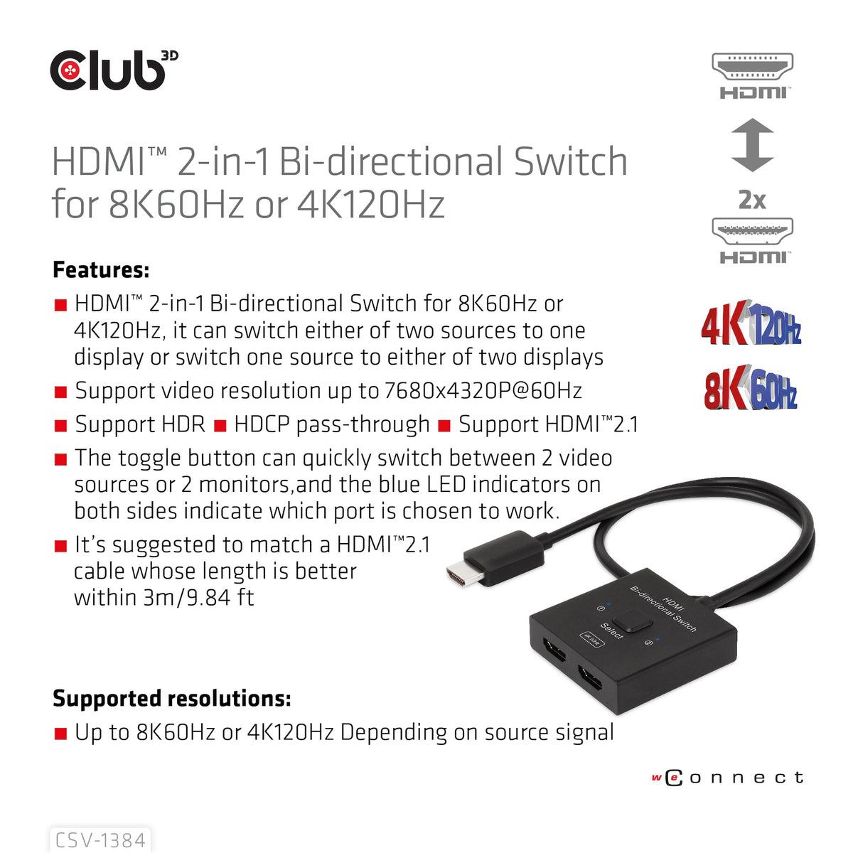 Club3D HDMI Switch 2-in-1 bidirektional   8K60Hz/4K120Hz UHD retail