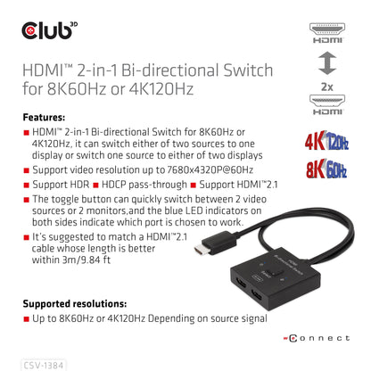 Club3D HDMI Switch 2-in-1 bidirektional   8K60Hz/4K120Hz UHD retail