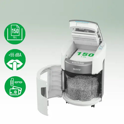 Leitz IQ Optimax AutoFeed 150 Paper Shredder, P4, 150-sheet Auto-Feed, 15 L Bin