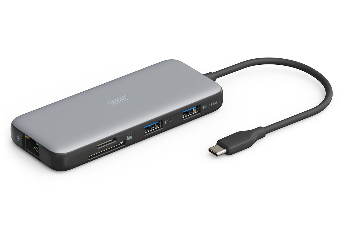 DIGITUS USB-C Docking Hub — HDMI, USB 3.2, RJ45, SD & MicroSD, PD, Aluminum (Silver)