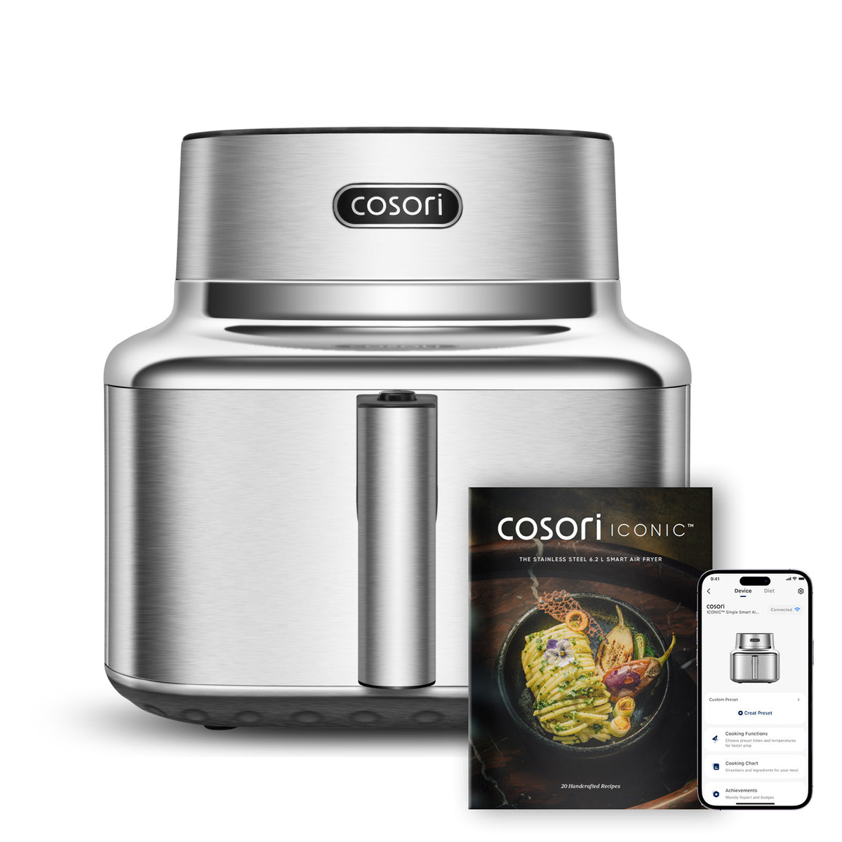 Cosori ICONIC Single Edelstahl-Heißluftfritteuse (edelstahl, 1.725 Watt, Korb 6,2 Liter)