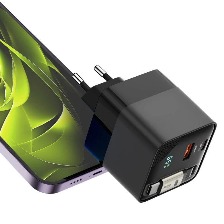 Mobile Origin 65W GaN Charger with USB-C retractable cable + USB-A 75cm