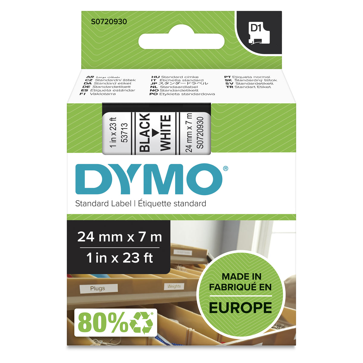 DYMO D1 Label Tape 53713 24mm x 7.0m Black on White