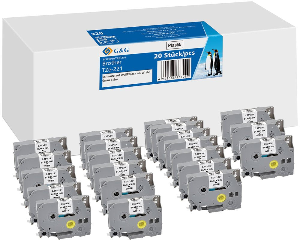 20x G&G Label Tape 9mmx8m B/W compatible with Brother TZe-221