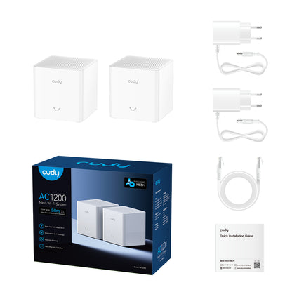 Cudy M1200 2-Pack Mesh Wi‑Fi System — Dual-Band (2.4/5 GHz) Wi‑Fi 5 (802.11ac) — White