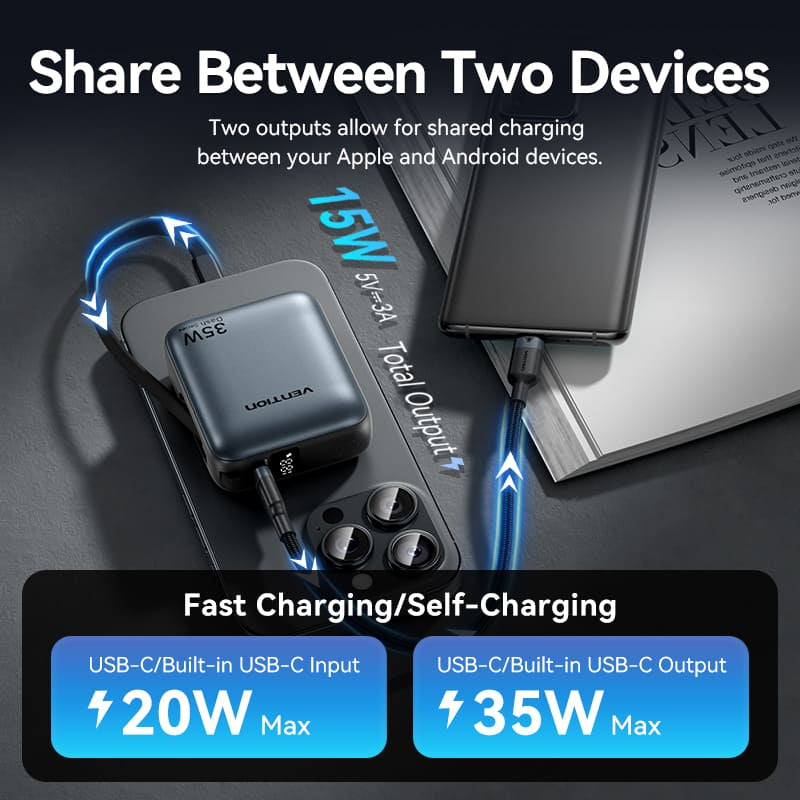 Vention 10000mAh 35W - power bank with USB-C cable (beige)