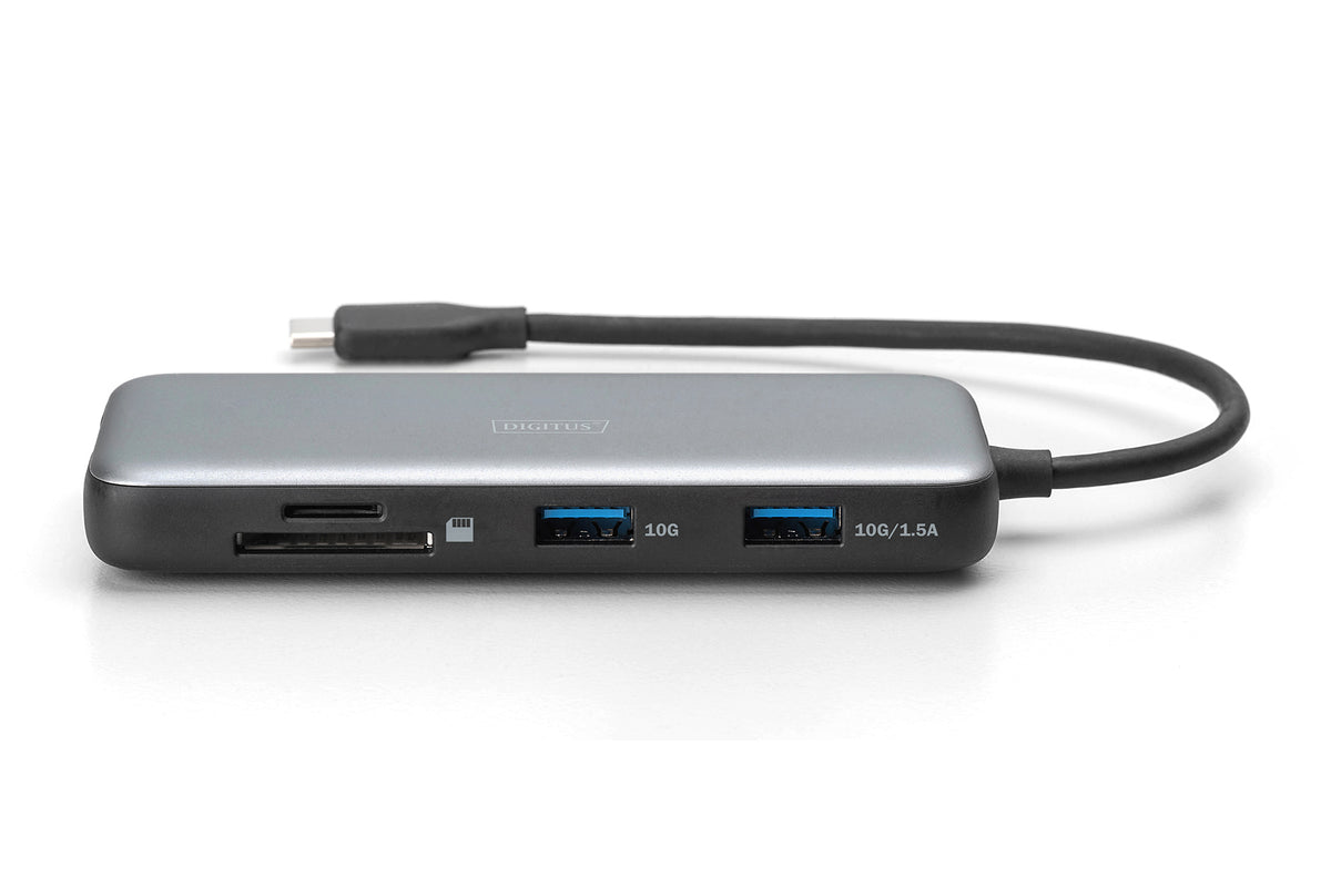 DIGITUS USB-C Docking Hub — HDMI, USB 3.2, RJ45, SD & MicroSD, PD, Aluminum (Silver)