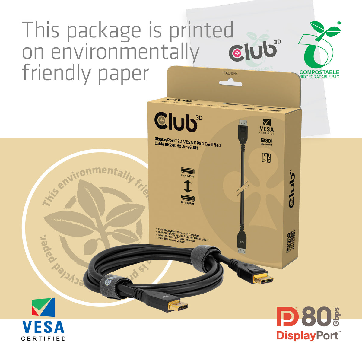 Club3D DP Cable 2.1 DP80 Certified 2m 10K/8K/4K St/St Retail