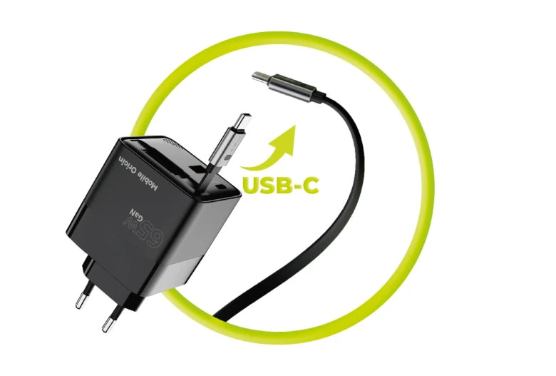 Mobile Origin 65W GaN Charger with USB-C retractable cable + USB-A 75cm