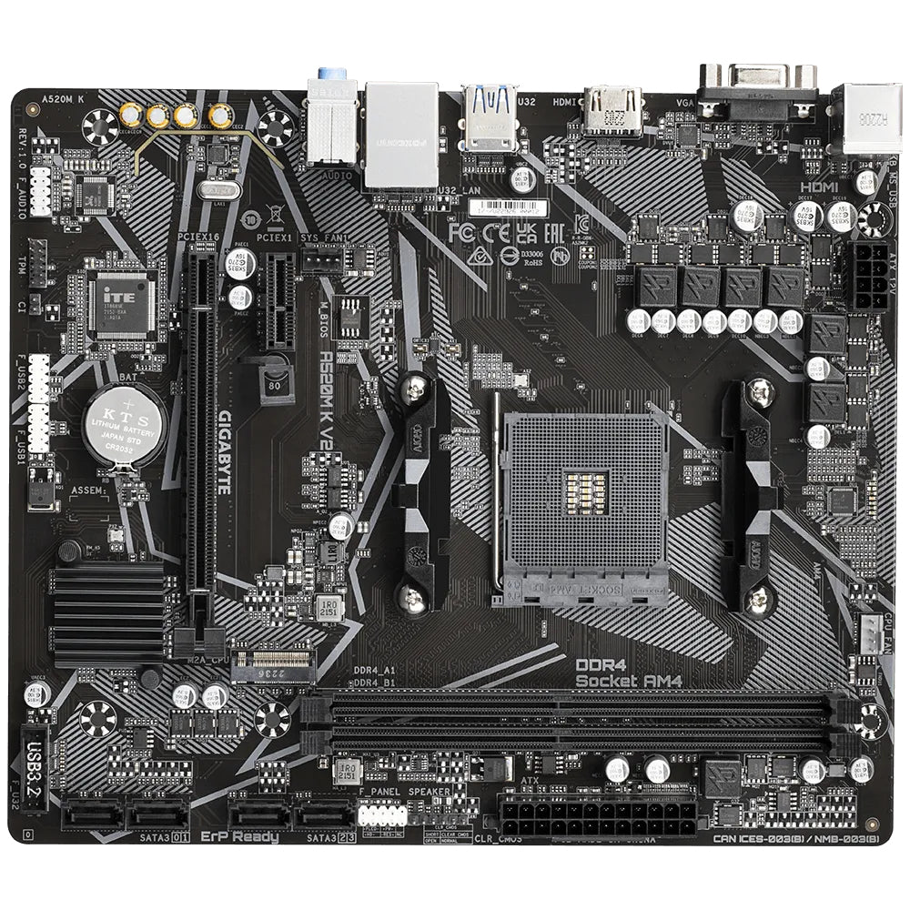 GIGABYTE A520M K V2 Motherboard - Compatible with AMD Ryzen 5000 Series AM4 CPUs, Supports up to 5100MHz DDR4 (Overclocked), PCIe Gen3 x4 M.2 Slot, Gigabit Ethernet LAN, USB 3.2 Gen 1 Ports