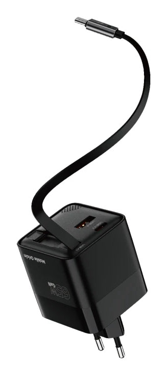 Mobile Origin 65W GaN Charger with USB-C retractable cable + USB-A 75cm