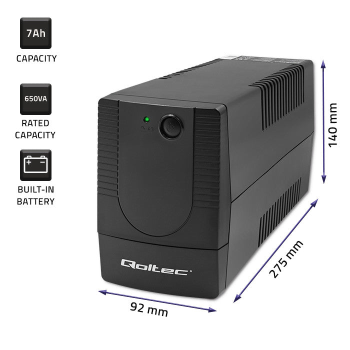 Qoltec 53772 uninterruptible power supply (UPS) Line-Interactive 0.65 kVA 360 W 1 AC outlet(s)