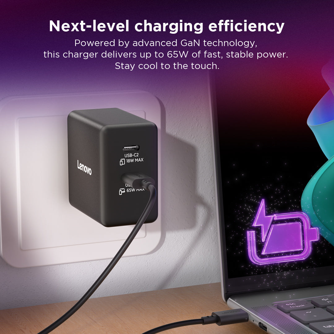 Lenovo Dual USB-C 65W GaN Charger Universal Black AC Indoor